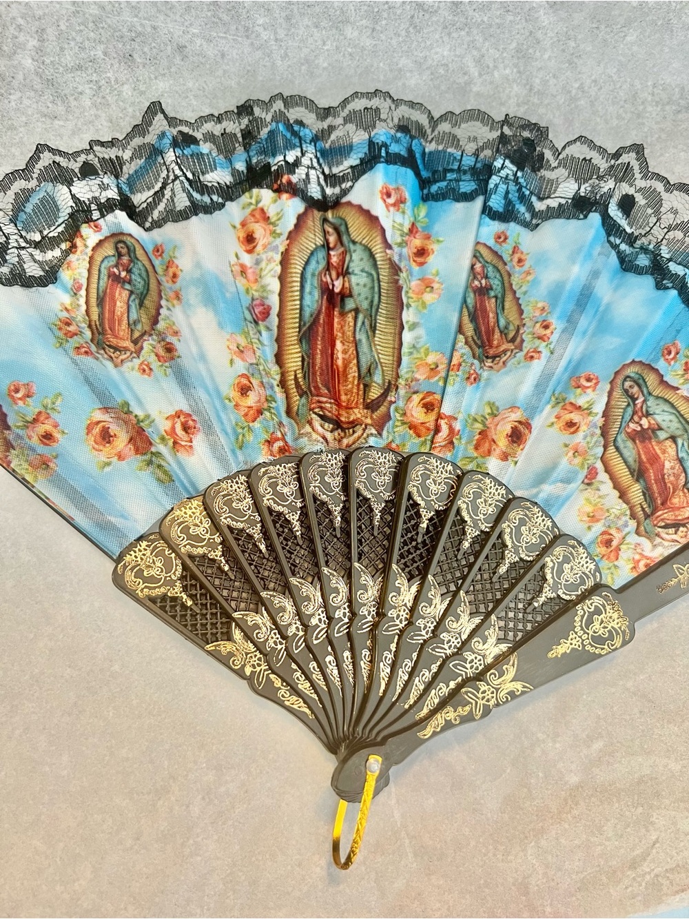 Decorative Hand Fan with Blue Floral Fabric and Black Frame NWT